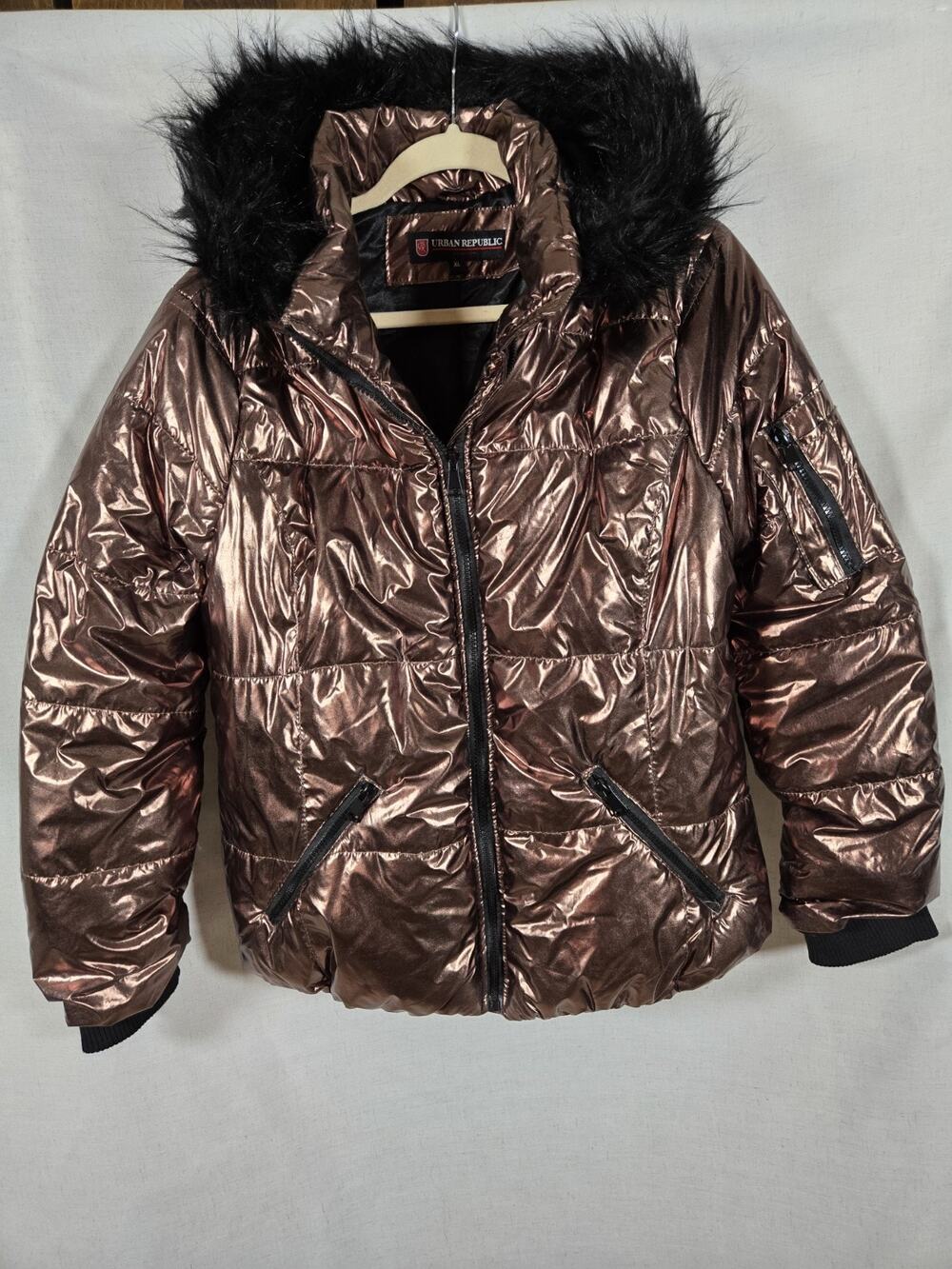 Urban Republic Metallic Bronze Puffer Jacket Faux Fur Trim Hood Women's S/M- NEW